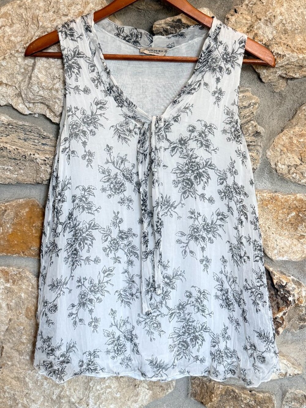 Womens Floral Silk Airy Sleeveless Top Grey White sz S